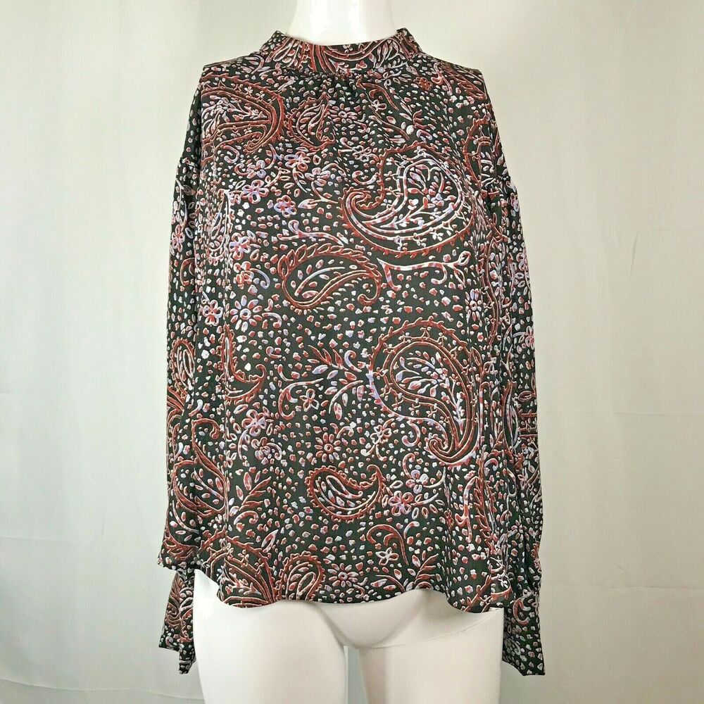 Banana Republic Shirt Womens Sz S Black Chiffon Paisley Floral Mock Neck Blouse